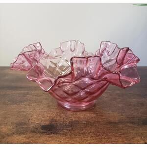 Fenton Cranberry Diamond Double Crimped Ruffled Edge Glass Bowl